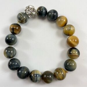 Golden Blue Tiger's Eye Elastic Round Beaded Bracelet 7” Gemstone 10mm